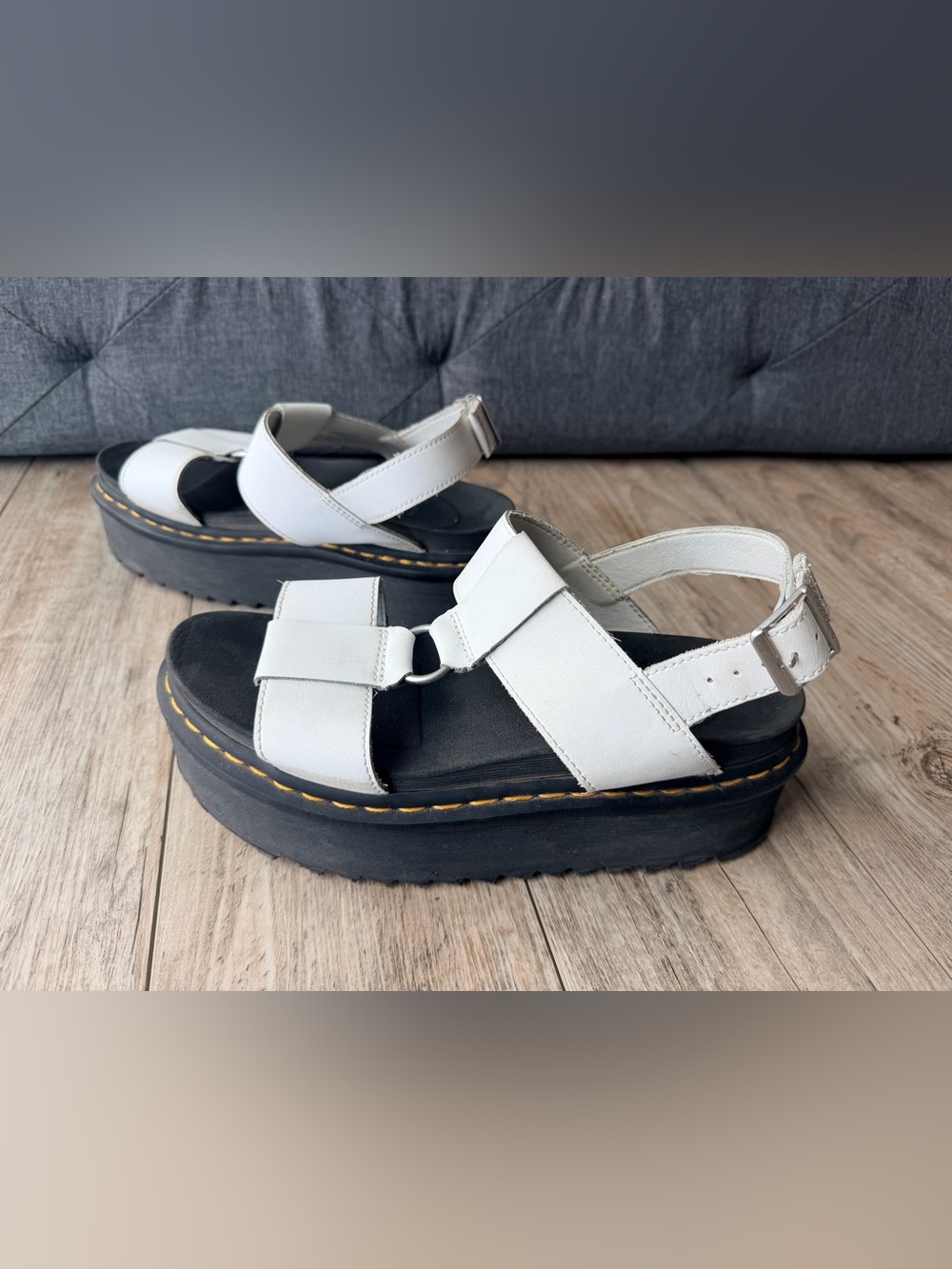 Dr. Martens Francis Leather Platform Strap Sandals White With Yellow Stitching